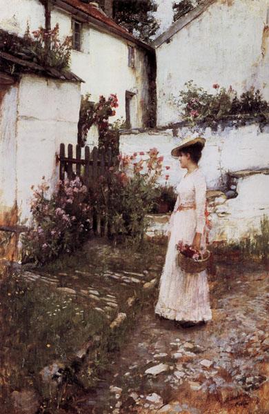John William Waterhouse Gathering Flowers in a Devonshire Garden oil painting picture
